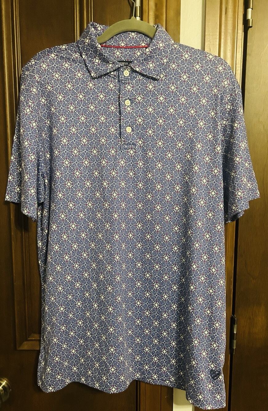 Cremieux Collection 38 Men's Polo Shirt Blue Geometric Print Short Sleeve Large